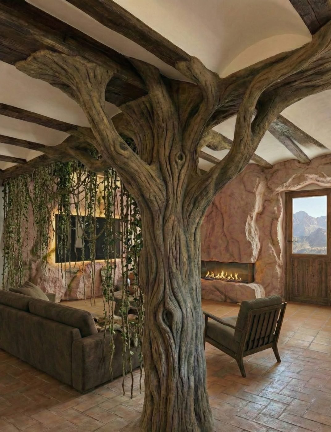 Salón con una columna esculpida como un tronco de árbol, hiedra colgante y chimenea