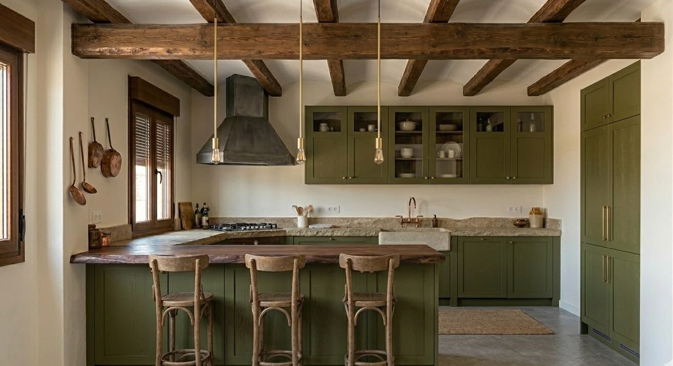 Cocina verde oliva con vigas de madera, encimera de piedra y barra con taburetes